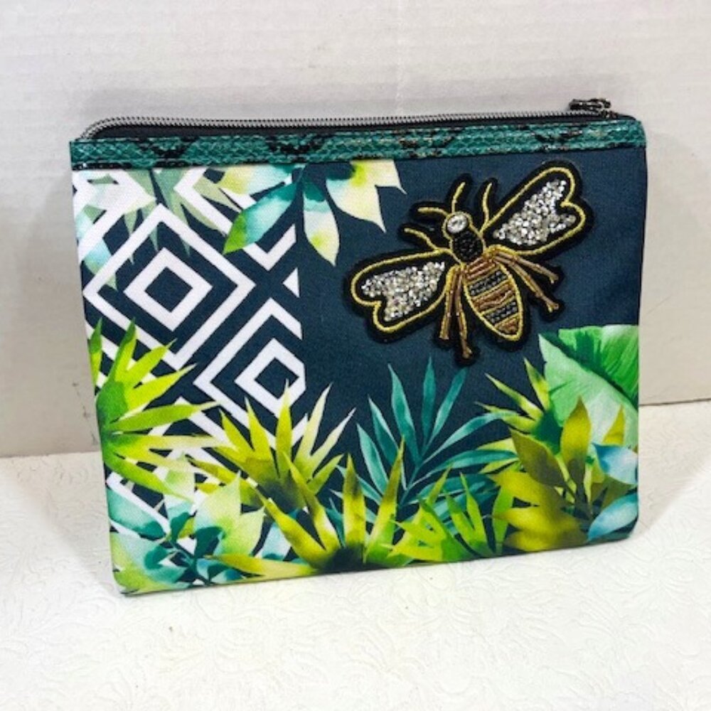Papyrus Beaded Butterfly Green Zip Pull Pouch Make Up Cosmetic Travel Bag 8.75"